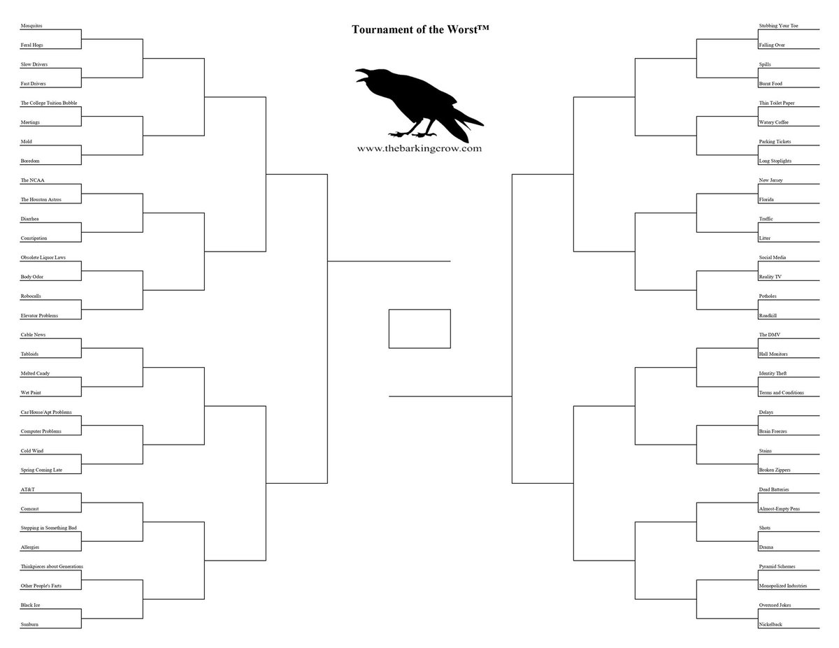 Some things are bad. Some things are really bad. We ignored the latter. But for the former, we’ve constructed a  #TournamentOfTheWorst, and here it is: