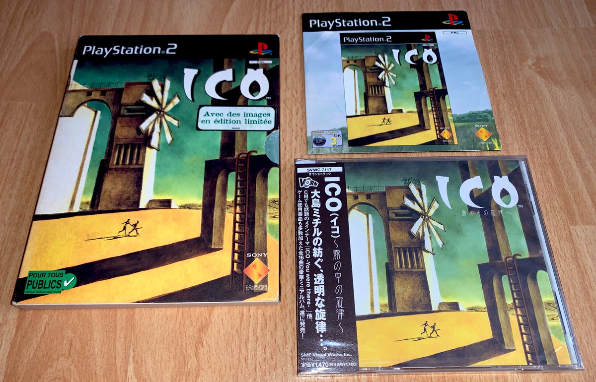 ICO (PS2, 2002) Première édition cartonnée format "digipak" du magnifique et légendaire premier jeu réalisé par Fumito Ueda. J’ai aussi la démo française d’époque et la bande originale japonaise de ce qui reste un de mes jeux PS2 favoris. J’adorerais un Remake par Bluepoint !