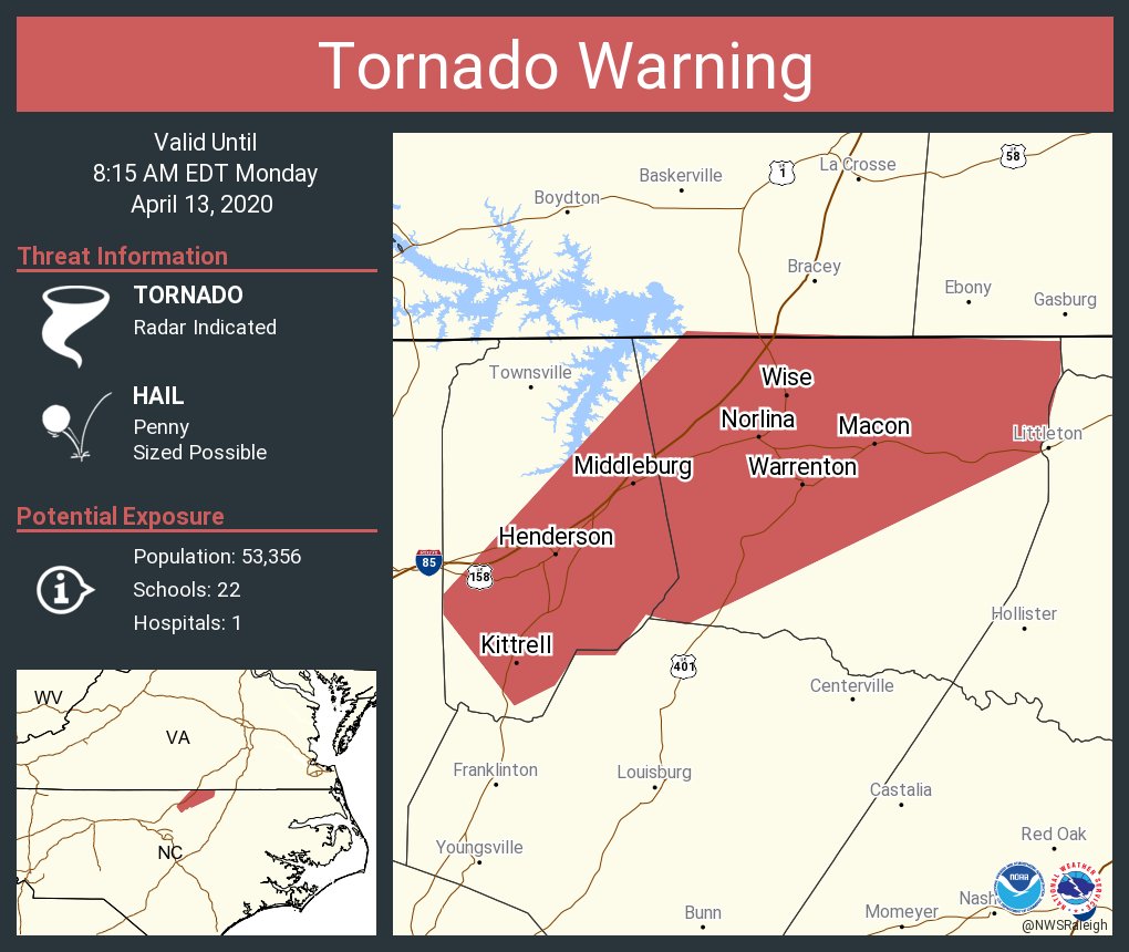 NWSRaleigh's tweet photo. Tornado Warning including Henderson NC, South Henderson NC, Norlina NC until 8:15 AM EDT https://t.co/mxaDClt4b2