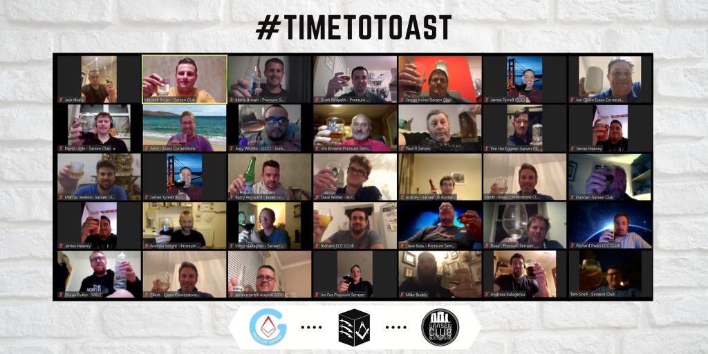 Tonight, members of the <a href="/SarsenClub/">The Sarsen Club</a>, <a href="/YoungMasonsClub/">Essex Cornerstone Club</a> &amp; <a href="/prorsum_semper/">Prorsum Semper</a>, raise a toast to #absentbrethren on #EasterMonday. This picture was taken during our first Inter-Club Virtual Social last night.
.
.
.
#Freemasons #YoungMasons #LightBlueSocial #TimetoToast