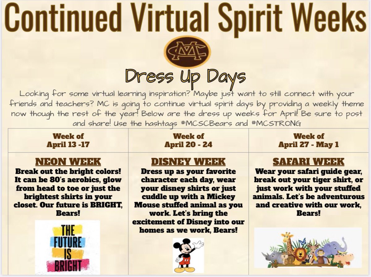MCEGoldenBears's tweet photo. Today starts a new week of virtual learning! Remember.. Monday, Wednesday and Friday. We are also continuing our spirit days through the end of the year! This week is NEON WEEK 🟢🟣🟠 See the image below for details 👇🏽 #MCSCBears #MCSTRONG  @MCElemPrincipal @the_MrBraunMCE https://t.co/zq5cADasJp