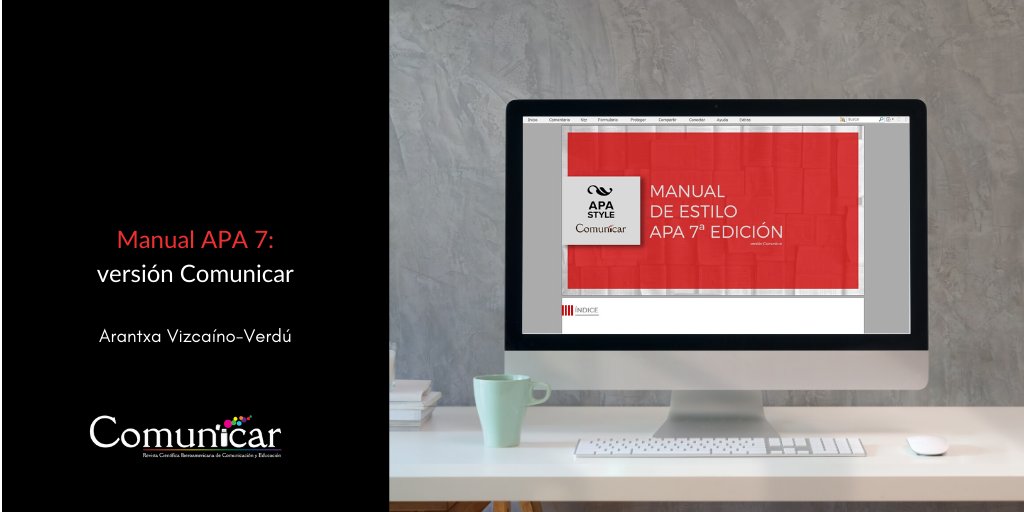 ¡Ya está disponible en nuestra web este Manual de Estilo APA 7 sintetizado, elaborado por Comunicar! @VizcainoArantxa nos da toda la información sobre esta nueva guía en la Escuela de autores. Descúbrela en: bit.ly/2Xvcg0N #normasAPA #AcademicTwitter #AcademicChatter