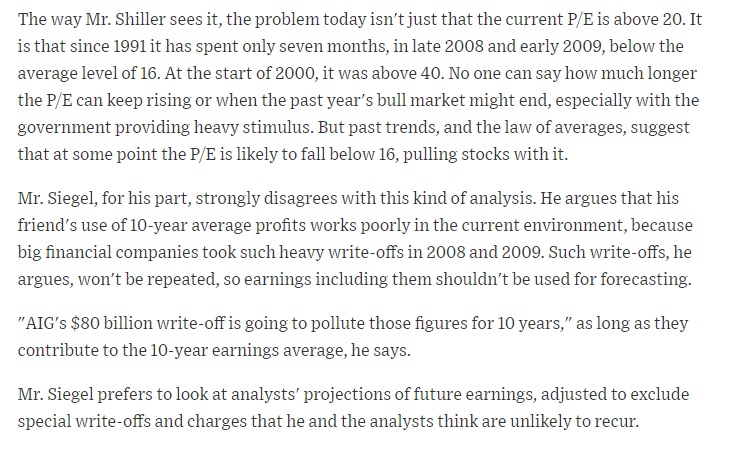 "The way Mr. Shiller sees it, the problem today isn't just that the current P/E is above 20. It is that since 1991 it has spent only seven months, in late 2008 and early 2009, below the average level of 16."