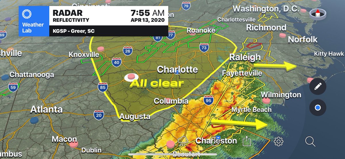 wxbrad's tweet photo. Giving the all clear sign for the western Carolinas￼. Strong to severe storms will continue in the eastern Carolinas for the remainder of the morning. #cltwx #ncwx #scwx https://t.co/hUYlyfq3CI