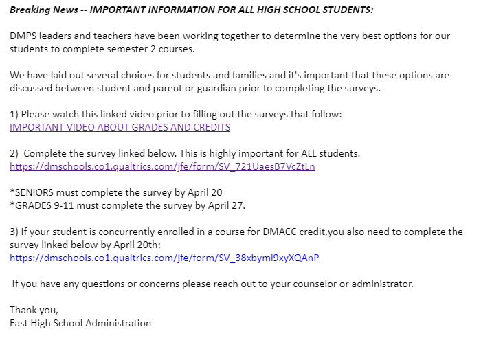East High School (@dsmeast) on Twitter photo IMPORTANT INFORMATION FOR ALL HIGH SCHOOL STUDENTS:
1) Please watch this linked video prior to filling out the surveys that follow:
youtube.com/watch?v=55BnNs…
2) Complete the survey linked below. This is highly important for ALL students.
dmschools.co1.qualtrics.com/jfe/form/SV_72…
<a href="/EastAmbassadors/">Scarlet Ambassadors</a> IMPORTANT INFORMATION FOR ALL HIGH SCHOOL STUDENTS:
1) Please watch this linked video prior to filling out the surveys that follow:
youtube.com/watch?v=55BnNs…
2) Complete the survey linked below. This is highly important for ALL students.
dmschools.co1.qualtrics.com/jfe/form/SV_72…
<a href="/EastAmbassadors/">Scarlet Ambassadors</a>