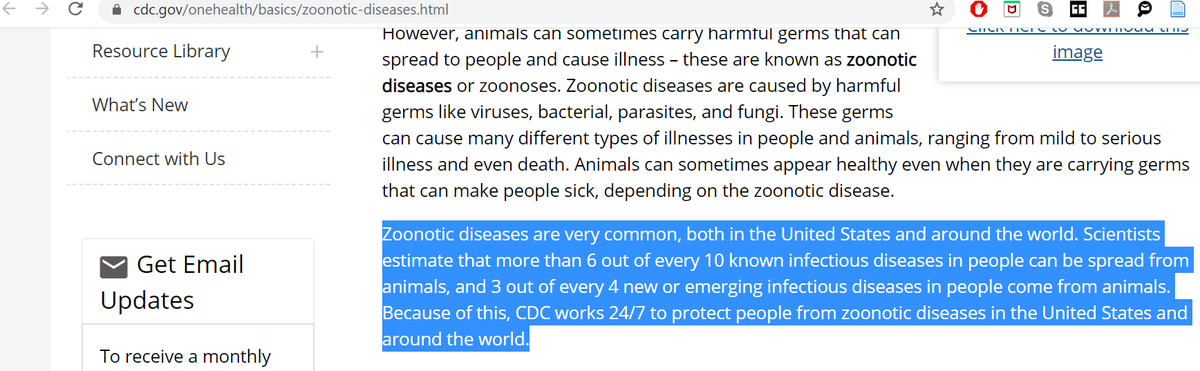 According to a 2013 FAO report “World Livestock 2013: Changing Disease Landscapes” and the CDC, over 70% of human diseases originate in animals, and 3 out of 4 new and emerging infectious diseases come from animals. (3/12)