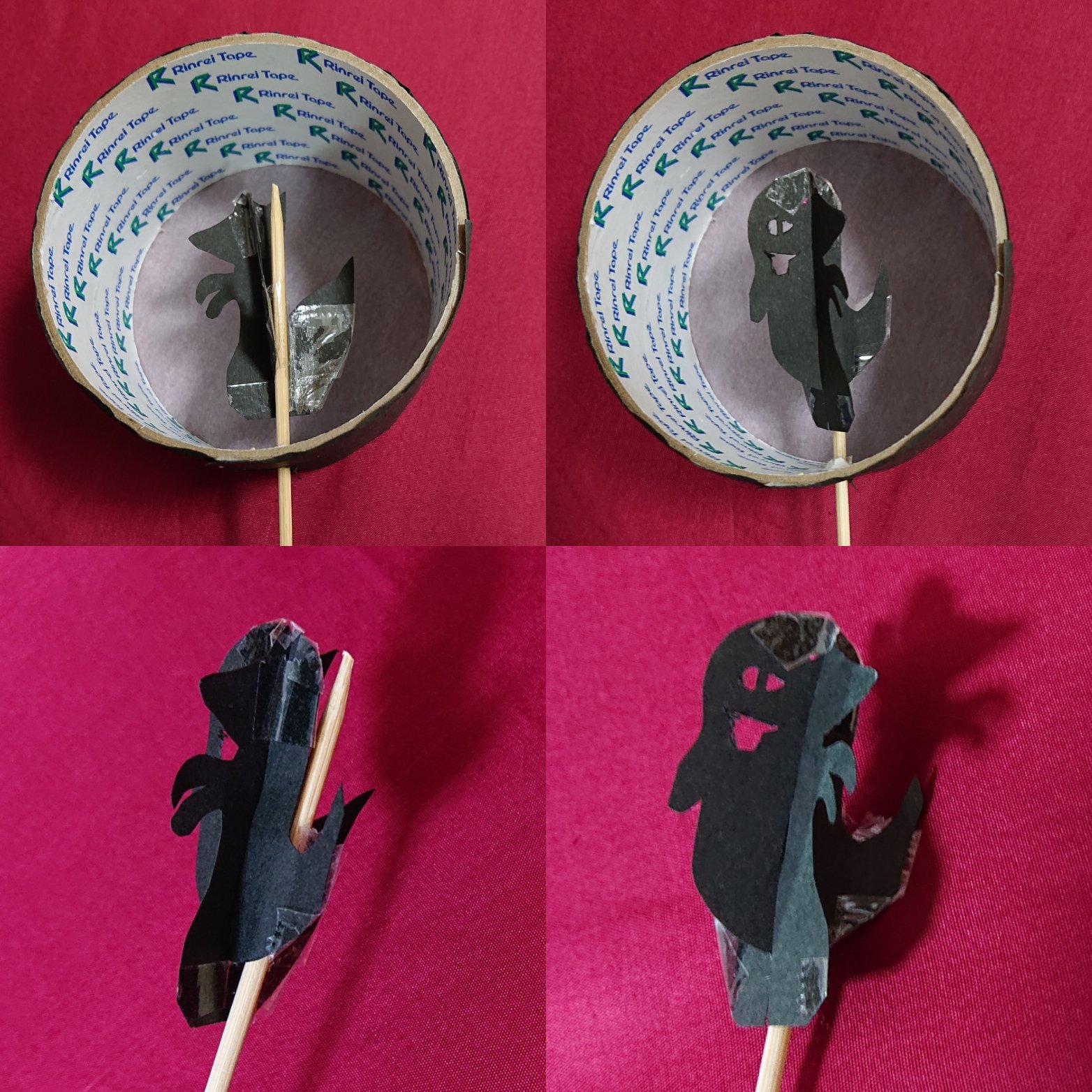 Mayumi 影絵工作 狐が化けるよ 作り方は簡単だよ 狐とおばけの切り絵を作って 真ん中に切り込みいれて 十の形に組み合わせて ガムテープの芯とかに 竹串でさしてるだけ トレーシングペーパーとか薄い紙を貼って 懐中電灯を後ろから当てると面白いよ 作っ