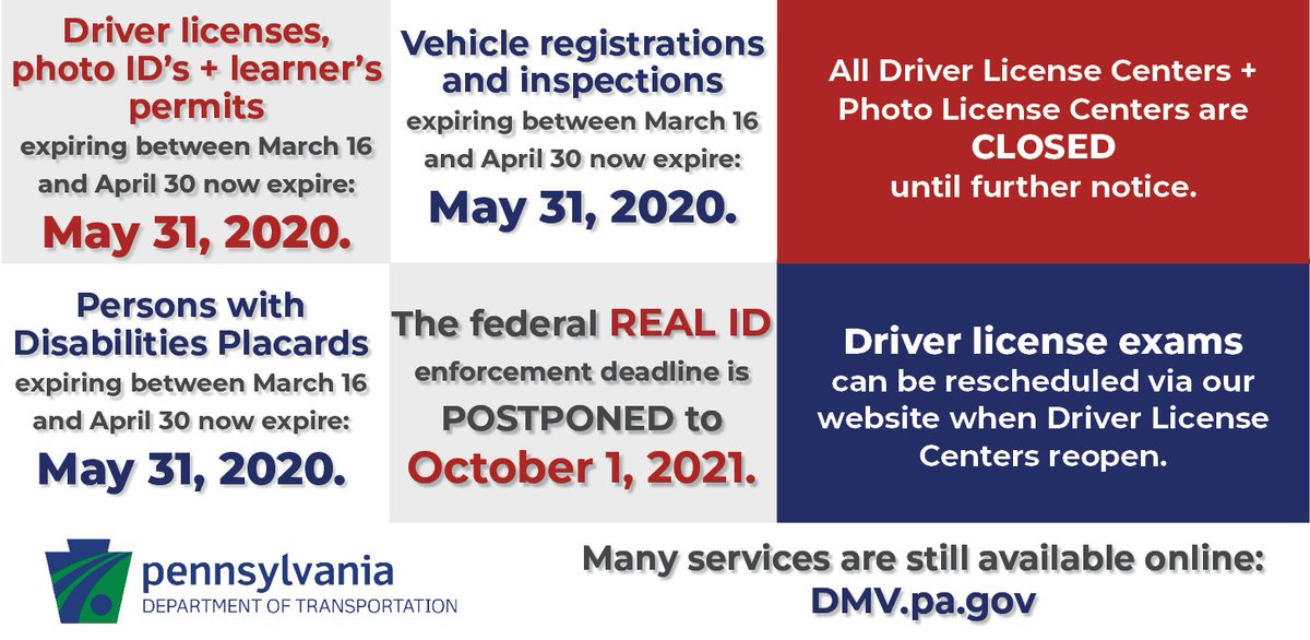 PennDOTNews's tweet photo. We have extended expiration dates in response to COVID-19. For additional details and FAQ's, visit https://t.co/Y3Cntf90L3.

Many driver and vehicle online services are still available 24/7 at https://t.co/nCnoTYeMvI. https://t.co/IqWkp1RJB2
