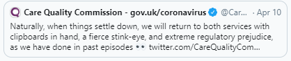CareQualityComm's tweet image. We recently put out a tweet referencing inspection in response to news that the BBC were donating ventilators. It was poorly received &amp;amp; we’ve now deleted it

Our lighter tone on social media is often well-received, but we clearly misjudged it this time. We are very sorry