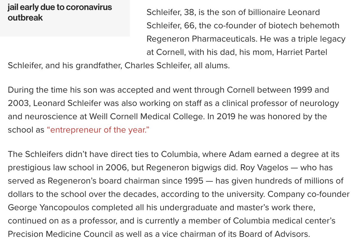 Schleifer, who prosecuted Felicity Huffman, went to Cornell, just like his dad, his mom, and his grandpa. His dad even had a professorship at the Cornell medical school. Adam then went to Columbia, where his dad had tons of connections, too  https://nypost.com/2019/12/07/college-admissions-scam-prosecutor-benefited-from-his-own-life-of-privilege/