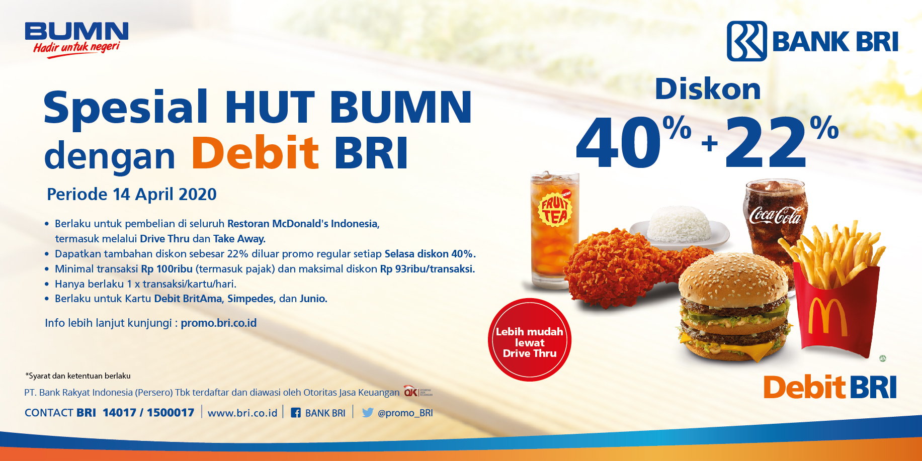 Bank Bri On Twitter Nantikan Promo Spesial Hut Bumn Di Mcdonalds Id Diskon 40 22 Dengan Menggunakan Debit Bri Hanya Tanggal 14 April 2020 Info Lebih Lanjut Klik Https T Co Ijfcaa4dl7 Promobri Bankbri Https T Co Q6tujpov5k