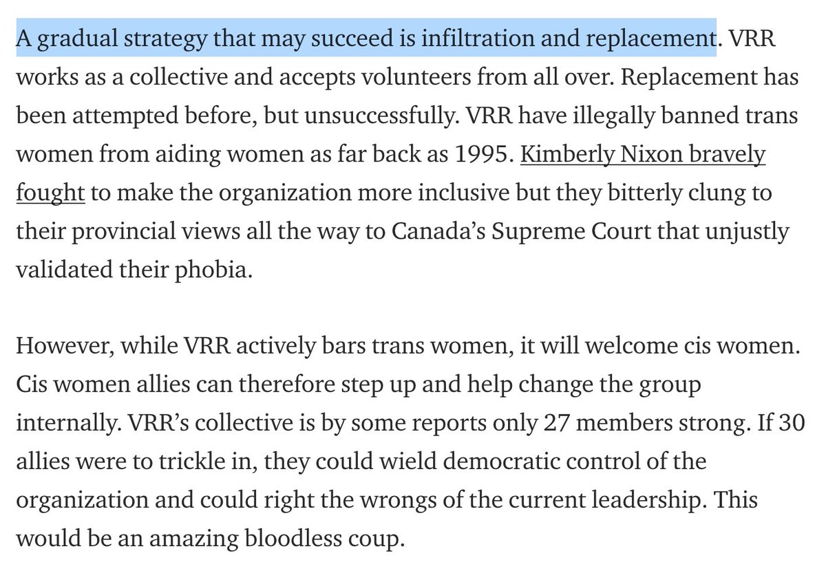 2. Infiltrate the collective with women who are hostile to VRR's values and take it over. A beautiful bloodless coup. Because coups are so great and democratic and always end so well.