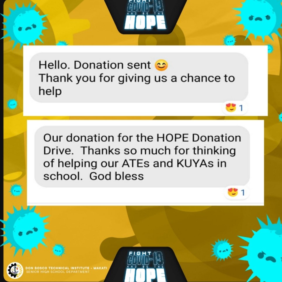 DBTISHS's tweet photo. We are more than motivated to continue this HOPE Donation Drive for the benefit of the families of our "ates and kuyas" (34 Maintenance Staff and 13 Security Guards) because of the words of support and inspiration that we receive from you. 

Thank you so much! 😇

(c) Lanz Lunas https://t.co/9opl7BH13J