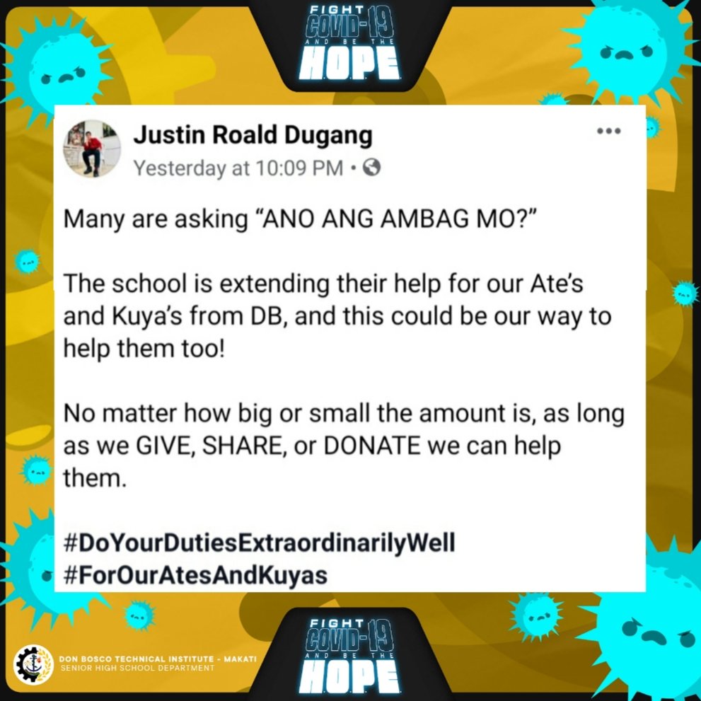 DBTISHS's tweet photo. We are more than motivated to continue this HOPE Donation Drive for the benefit of the families of our "ates and kuyas" (34 Maintenance Staff and 13 Security Guards) because of the words of support and inspiration that we receive from you. 

Thank you so much! 😇

(c) Lanz Lunas https://t.co/9opl7BH13J