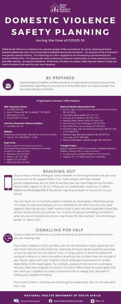 boellza's tweet photo. Theres been an increase in #domesticviolence during #LockdownSA.  Our partner @NSM_ZA has developed a safety plan for those needing help. Pls share  #Covid_19SA https://t.co/iyOKvZ0sS9