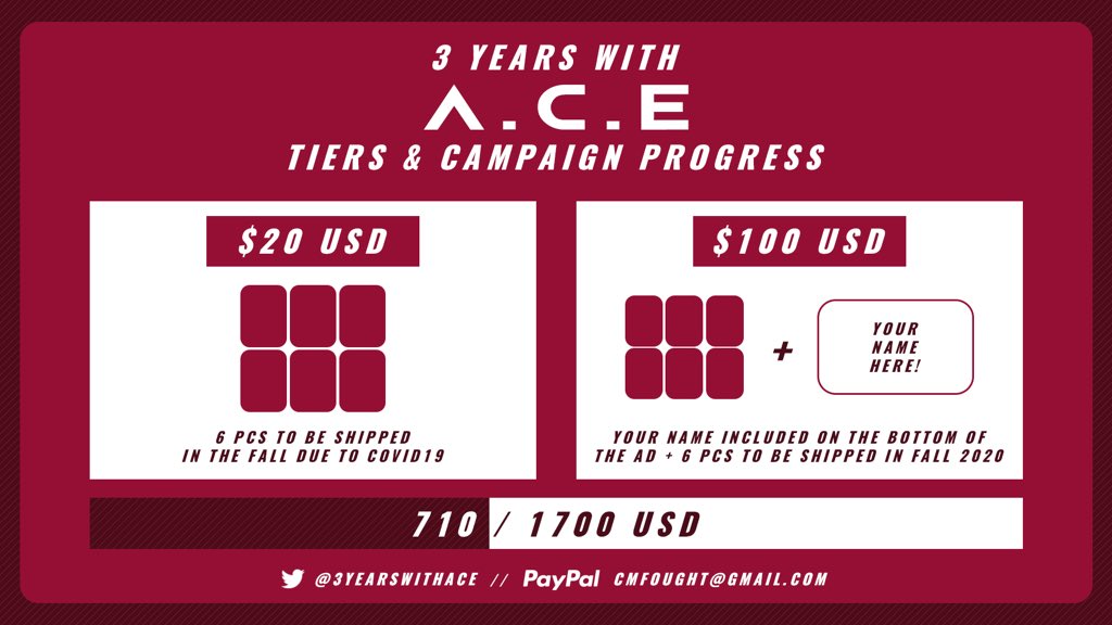 3yearswithace's tweet photo. [#3YearsWithACEUpdates]

초!이!스!  We’re at $710/1700! We’re raising the funds faster than we could have hoped ㅠㅠ

Thank you for loving and supporting A.C.E ☺️❤️ Keep it up!

Donation Form: https://t.co/zmjRG1Z3K0
Paypal: https://t.co/fyGaY7kL3y

#ACE #에이스 #3YearsWithACE https://t.co/b9bnhAfryX