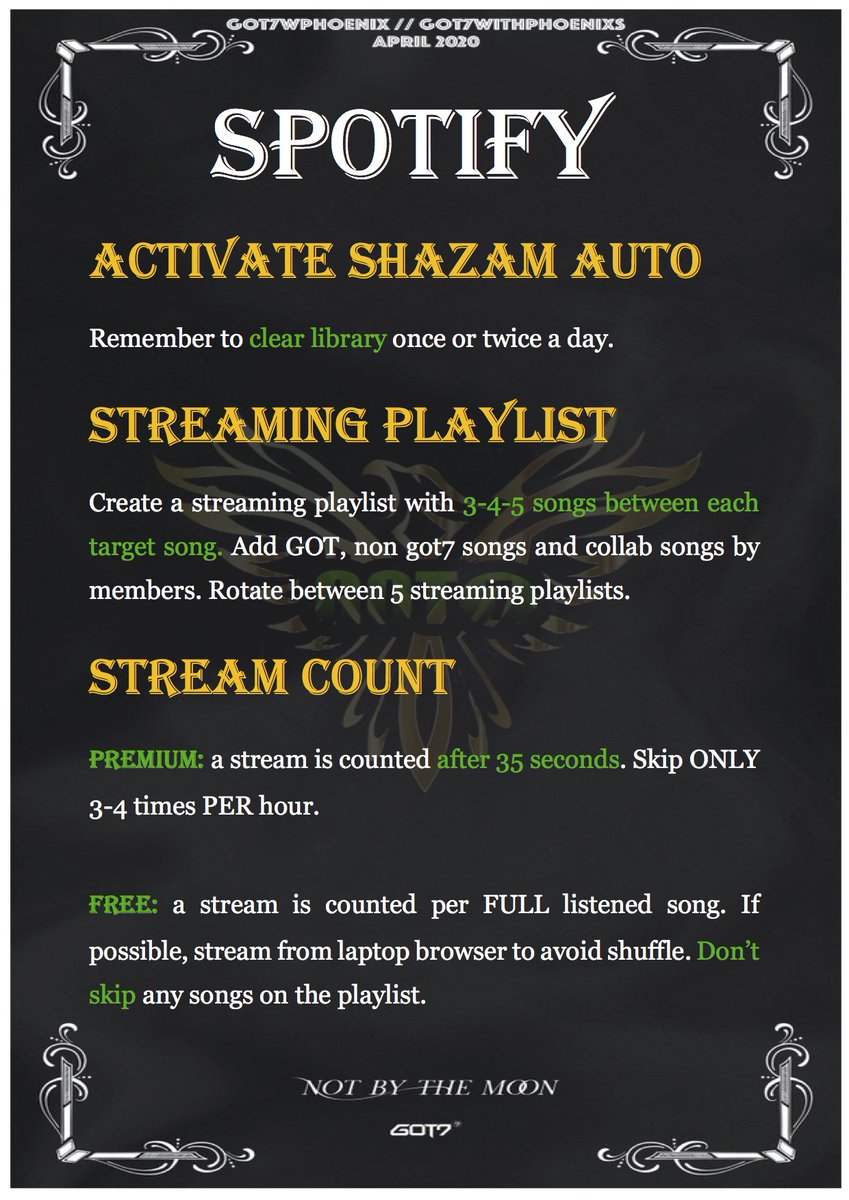 [ #GOT7_NOTBYTHEMOON Spotify PREMIUM Project]Thread.Here are the GENERAL must do's for SPOTIFY! Remember EACH and EVERY point is necessary to not showcase bot behaviour and for your streams to actually count!  #GOT7_NOTBYTHEMOON  #GOT7_DYE #GOT7  #갓세븐  @GOT7Official