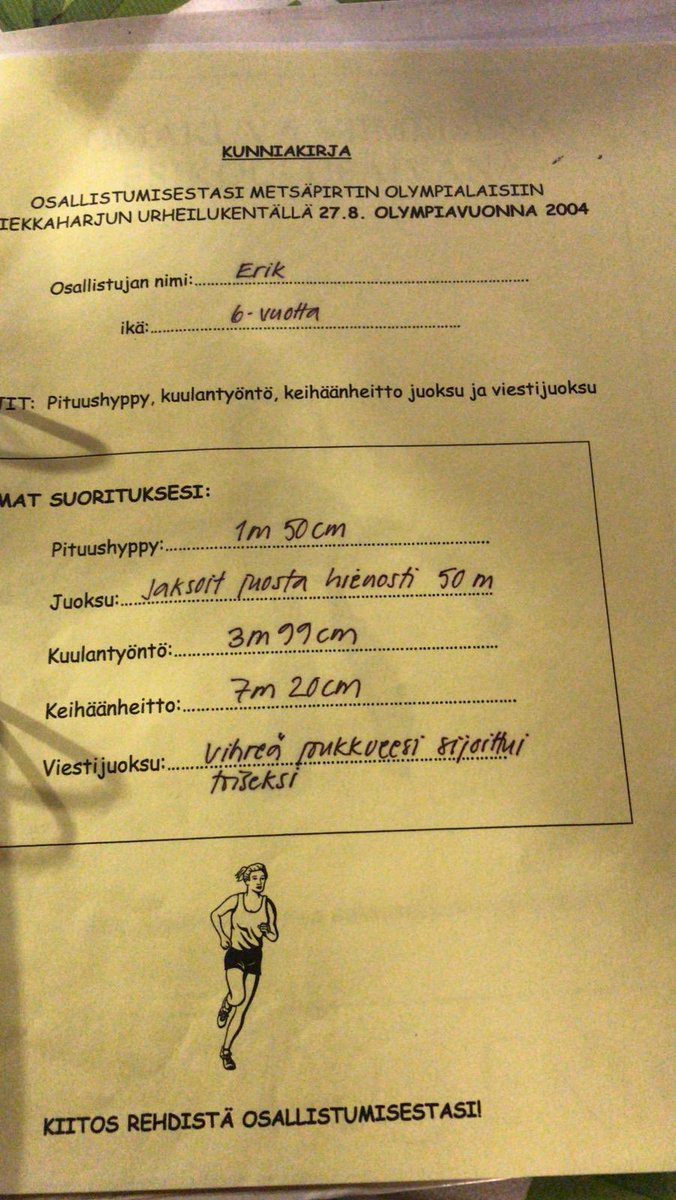 Löytyi muutaman vuoden vanhat yleisurheilutulokset. Käsittääkseni ihan kärkituloksia tossa ikäluokassa pl. juoksu jäi pikkasen piippuun. #yleisurheilu #ennätys