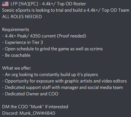 Soesic_Gaming's tweet photo. We are looking for players!! Please read down below and if you or someone you know, is interested, please reach out to Munk_OW#4840 on Discord

Likes and retweets are appreciated. https://t.co/kWn04SLJpC