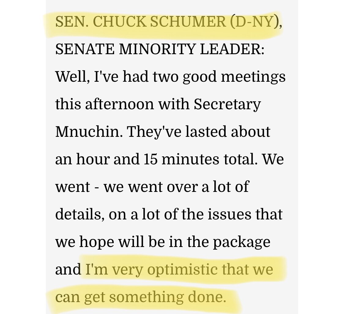 From RealClearPolitics on 3/21 Schumer goes on Wolf Blitzer and said he was “very optimistic” a deal would be reached