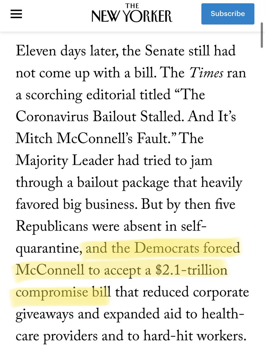 This article comes at you fast.  @JaneMayerNYer does her best Mao impression, and tries to rewrite history. She claims McConnell, along w/ the eViL cOrPoRaTiOnS, are the culprits for the delayed relief package. This is false
