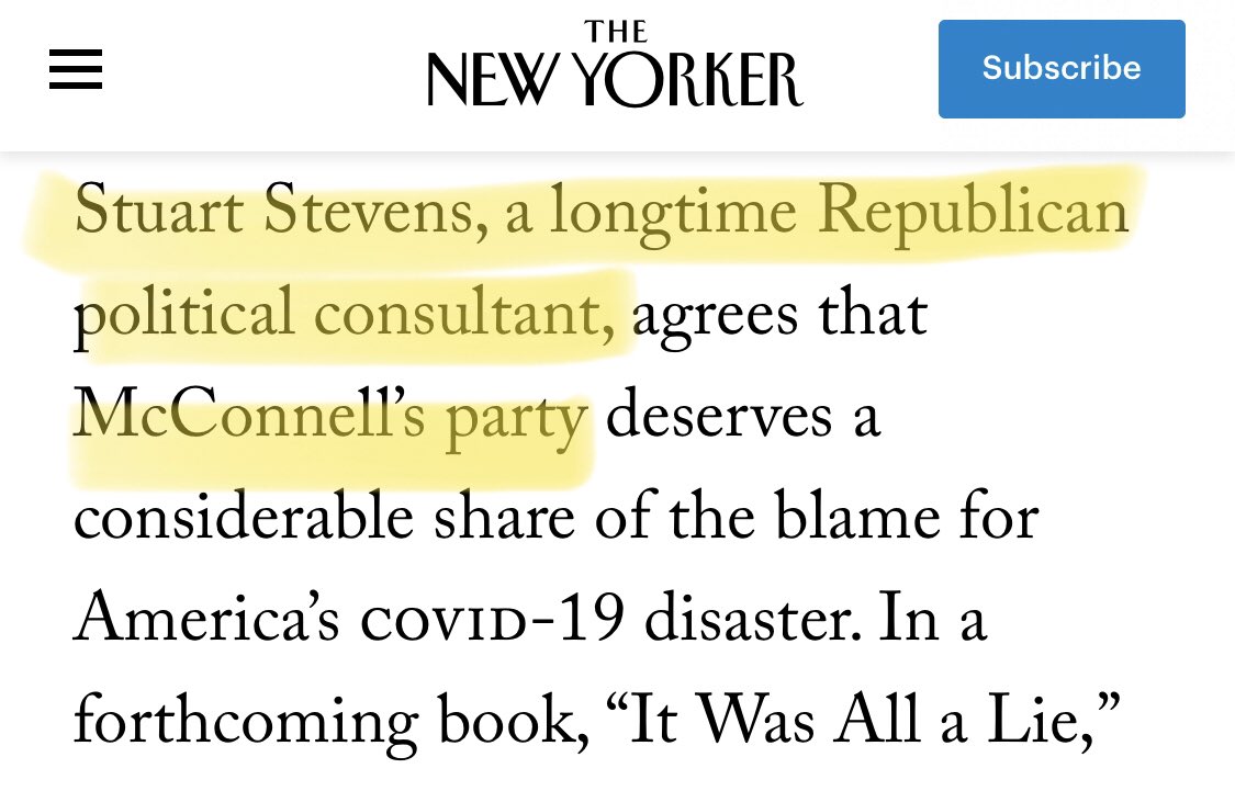 I really love the disingenuous framing of this. The source self identifies as “a longtime Republican” but  @JaneMayerNYer refers to elected Rs as “McConnell’s Party.” Aside from that who is Stuart Stevens?