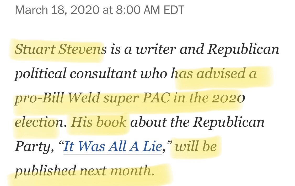 Well, turns out he’s a fucking moron. He worked for a Bill Weld super PAC. Now he promotes his new “I realized hating Trump is profitable” book. So he’s a grifter, never Trump, and again is somehow considered an appeal to authority by Jane and Co.