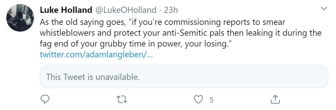 As people have time to digest  #LabourLeaks, many Twitter accounts belonging to ex-Labour figures now in cushy jobs or running lobbying firms have gone secret. Not Luke Holland's though, he's as arrogant, bitter and slimy as ever.