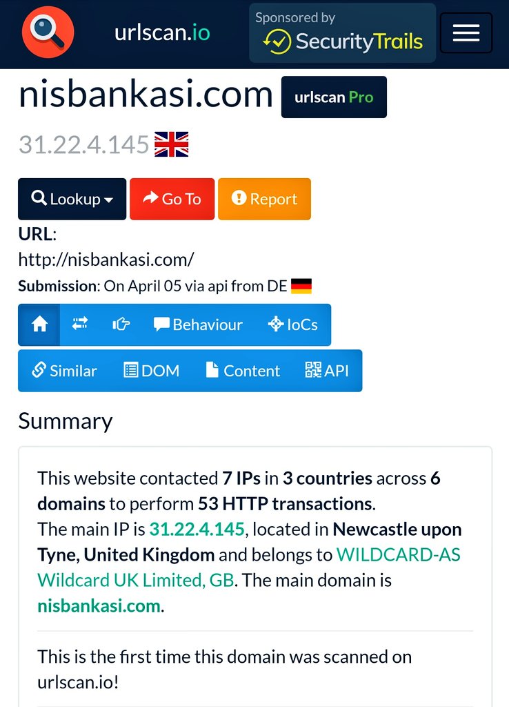 Using a page hash pivot I've found another domain linked to the same scam/nisbankasi.com (31.22.4.145)  @Wildcard_Net  @urlscanio link:  https://urlscan.io/result/f72a5ee0-1cf5-4c16-996f-ce4f12276f0f/