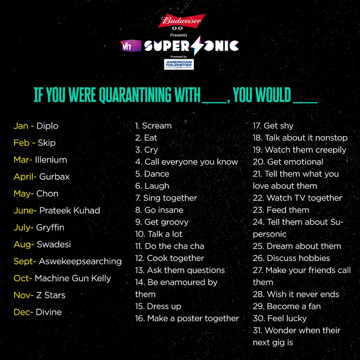 Vh1Supersonic's tweet photo. Check out the artist next to your birth month, and the activity next to your birth date and tell us what you'd do if you were quarantining together! #InThisTogether https://t.co/mVSWEWzsyZ