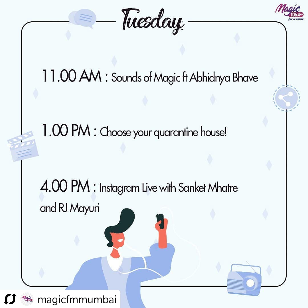 supersanket's tweet image. #Repost @magicfmmumbai
•  •  •  •  •
Quarantineच्या वेळी, हा कोणता दिवस आहे हे लक्षात ठेवण्याचाएकमात्र योग्य मार्ग!
.
.
.
.
#MagicFmMumbai #fakttujhyasaathi #marathiradio #schedule #quarantinetime #quarantinelife #lockdownfun #interview #Instagramlive #live