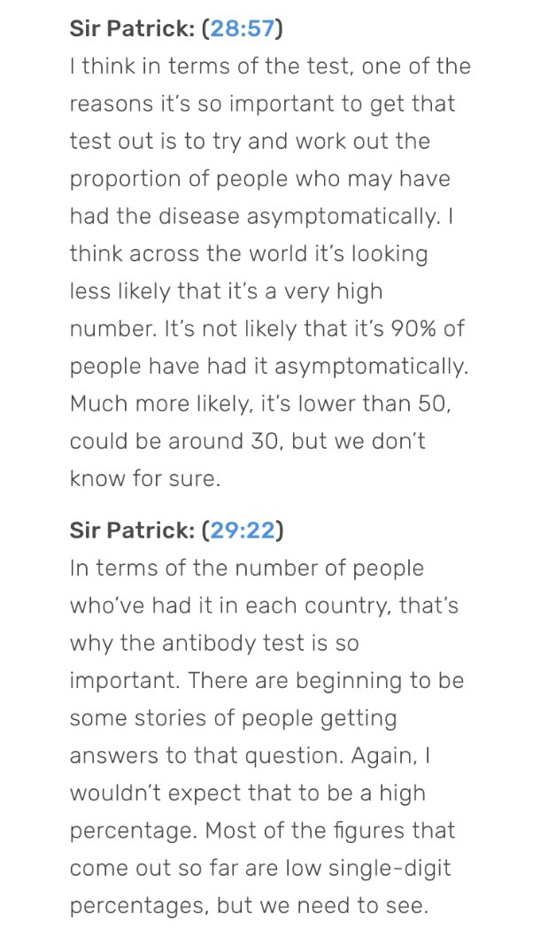 This, in Toby Young's Sun article, is completely untrue. Patrick Vallance (not Whitty) said on Thursday that 30-50% of all coronavirus cases were *asymptomatic*. He didn't say 30-50% of the population had been infected. He actually said it's likely "low single-digit percentages."