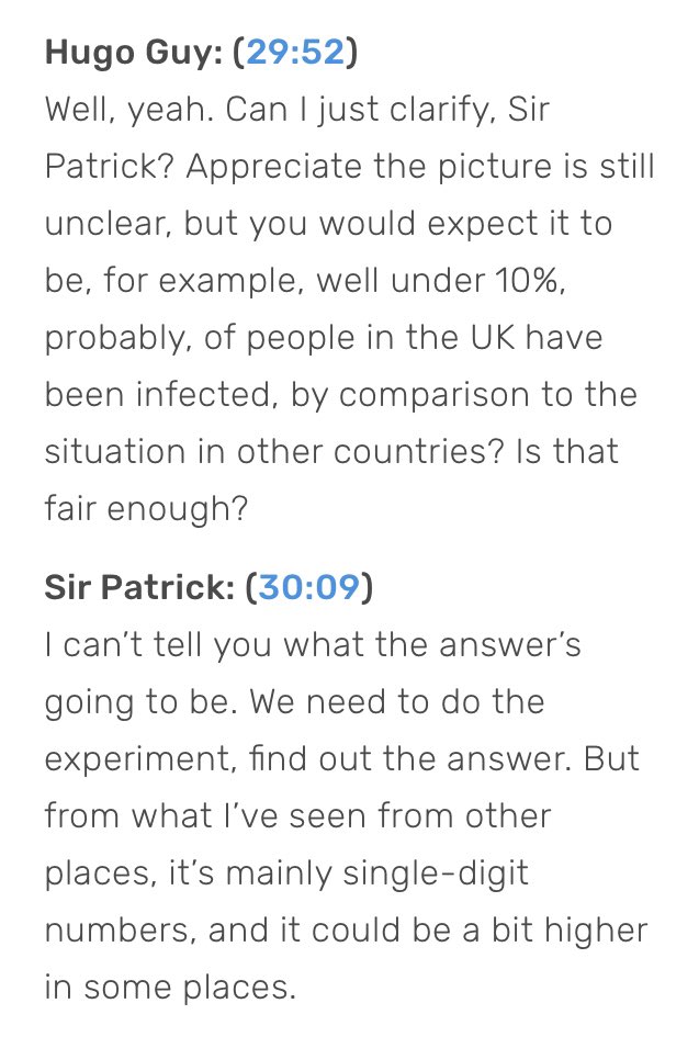 This, in Toby Young's Sun article, is completely untrue. Patrick Vallance (not Whitty) said on Thursday that 30-50% of all coronavirus cases were *asymptomatic*. He didn't say 30-50% of the population had been infected. He actually said it's likely "low single-digit percentages."