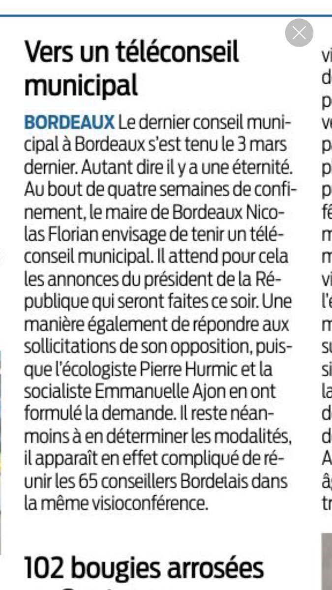 Amusée et interrogative ce matin en lisant <a href="/sudouest/">Sud Ouest</a>. Je note l’interprétation très particulière de la distanciation sociale par le maire de #Bordeaux qui répond aux questions et propositions de son opposition uniquement dans la presse .#COVID2019 #gestesbarrieres #communication