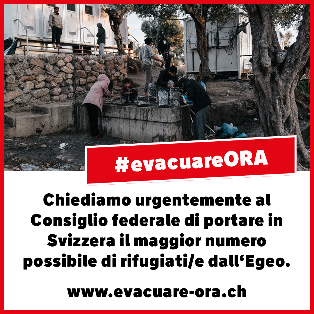 Adesso possiamo farlo: aiutiamo ORA!
Quale membro dell’accordo di Dublino la Svizzera ha un dovere!
Oltre 100 organizzazioni umanitarie esigono con questo appello pasquale che il Consiglio Federale agisca.
Firma la nostra petizione su evakuieren-jetzt.ch  #evacuareORA