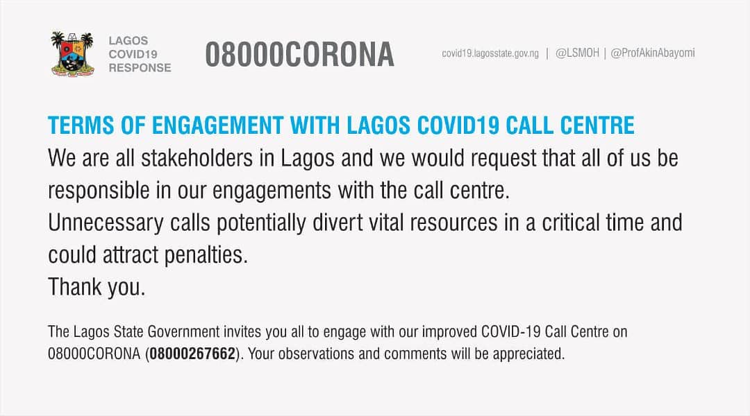 ProfAkinAbayomi's tweet photo. #StayHome to break the chain of #COVID19 transmission in Lagos.
Remember to call📞 08000CORONA for any issues relating to #COVID19
Responsible calls only! Prank calls are not acceptable! 
@jidesanwoolu 
@drobafemihamzat 
@NCDCgov 
@WHONigeria 
@UNICEF_Nigeria 
@AfricaCDC https://t.co/D2EftCVPYG