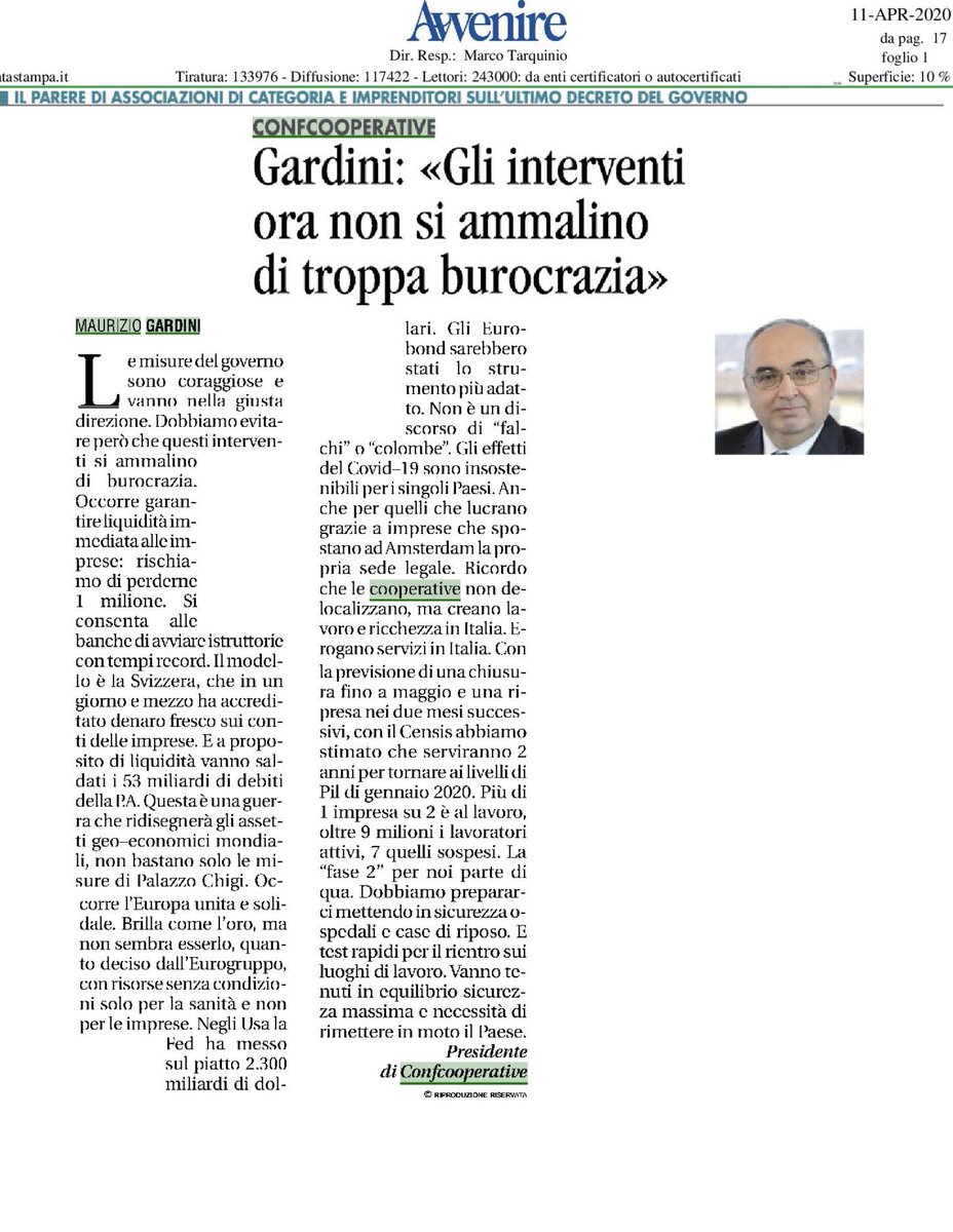 #Covid19 Gardini <a href="/Confcooperativ1/">Confcooperative</a> “Evitare che gli interventi per le imprese si ammalino di burocrazia” via <a href="/Avvenire_Nei/">𝐀𝐯𝐯𝐞𝐧𝐢𝐫𝐞</a> <a href="/MarcoGirardo/">Marco Girardo/Account personale</a>