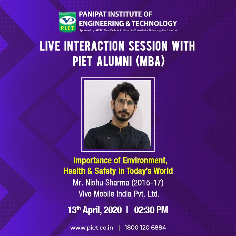 PIETPanipat's tweet image. MBA Department is going to organize the  alumni interaction program. The aim of this program is to tell importance of environment, health &amp;amp; safety in today&apos;s world. 
#PIETAlumni #PIET #InteractionSession #environment #health #economy