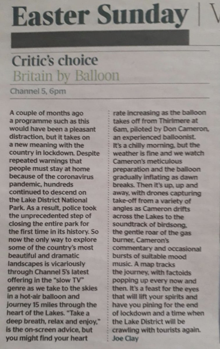 A lovely review of #BritainByBalloon from <a href="/joeclay23/">Joe Clay</a> in <a href="/thetimes/">The Times and The Sunday Times</a>. A very different project that ended up becoming some timely escapism on <a href="/channel5_tv/">Channel 5</a> yesterday.