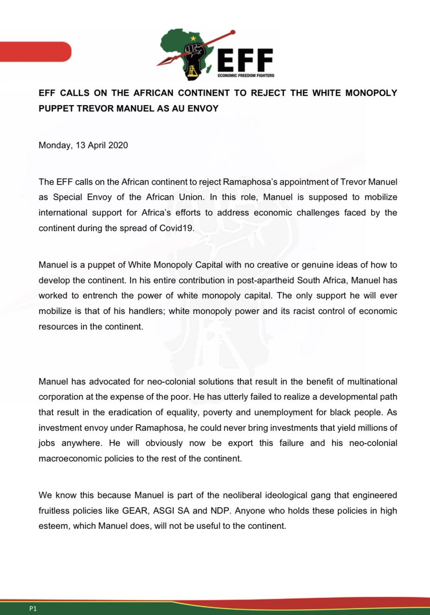 EFFSouthAfrica's tweet photo. EFF Calls on the African Continent to Reject The White Monopoly Capital Puppet Trevor Manuel as AU Envoy. https://t.co/MflliCOcRX