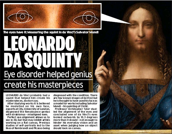 Da Vinci himself said: "The soul guides the painters arm, and makes him reproduce himself, that's the best way the painter understands human being".It is not a stretch to assume he has cross-eye. If you check his famous (and most expensive) painting of Jesus making the cross.