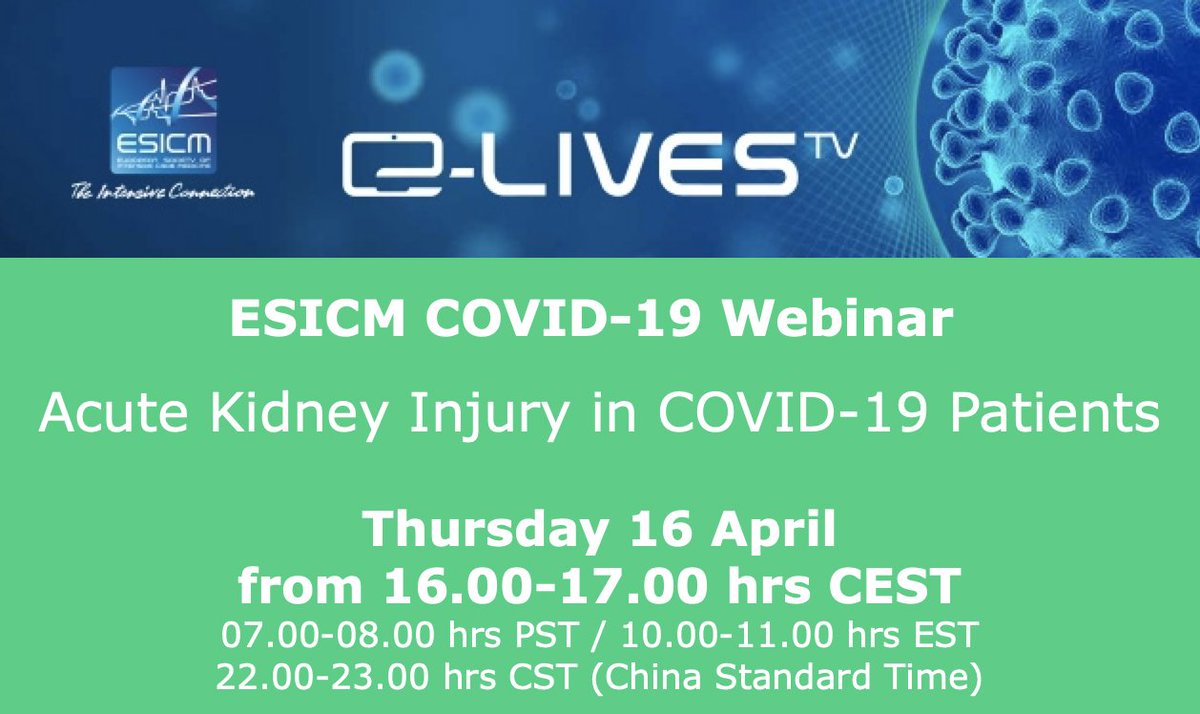 ESICM's tweet photo. @ESICM The next COVID-19 webinar will be leading by top experts in Acute Kidney Injury and Renal Replacement Therapy.  They will be sharing their experience of AKI in COVID-19 patients.
Learn more https://t.co/T7ccCbohSA @avkwong @FOAMecmo @Gas_Craic #COVID19 #Coronavirus https://t.co/CfELo4EPEB