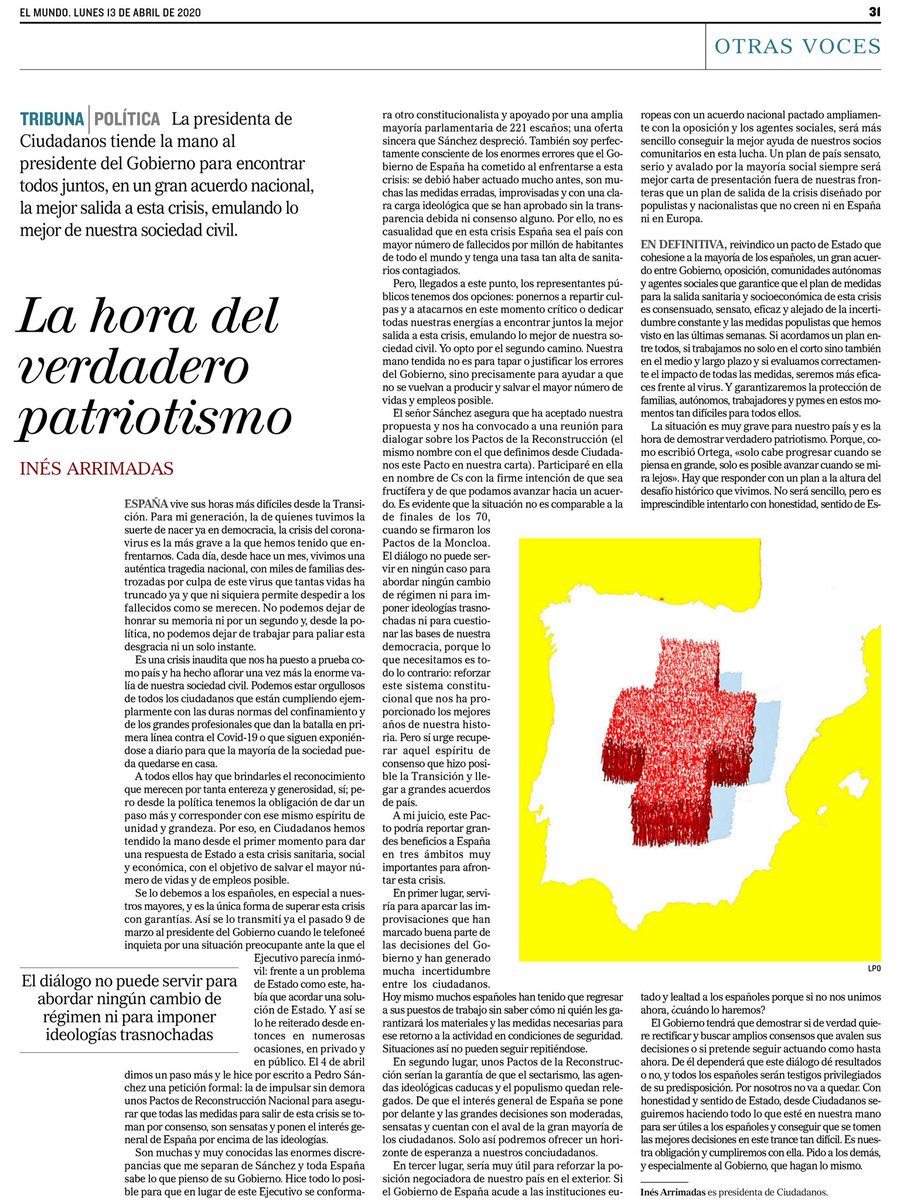 "Hay que responder con un plan a la altura del desafío histórico que vivimos. No será sencillo, pero es imprescindible intentarlo con honestidad, sentido de Estado y lealtad a los españoles porque si no nos unimos ahora, ¿cuándo lo haremos?"
Brillante <a href="/InesArrimadas/">Inés Arrimadas</a> en <a href="/elmundoes/">EL MUNDO</a>