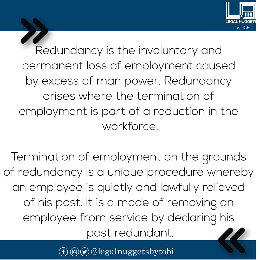 DO YOU KNOW? Termination of employment on the grounds of redundancy arises where an employee’s contract is terminated in a bid to reduce the workforce. #Thread and it’s an interesting read  #law  #employment  #Labour  #legal  #redundancy  #COVID19  #mondaythoughts