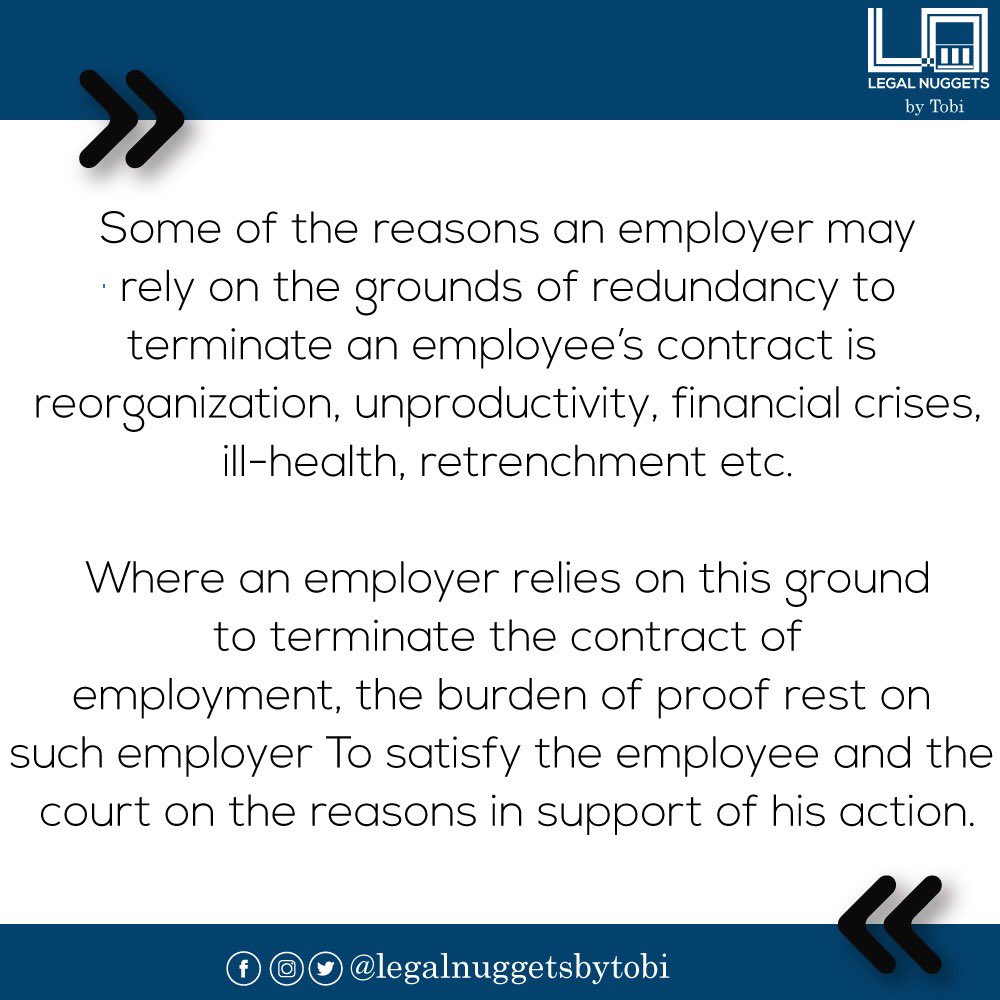 DO YOU KNOW? Termination of employment on the grounds of redundancy arises where an employee’s contract is terminated in a bid to reduce the workforce. #Thread and it’s an interesting read  #law  #employment  #Labour  #legal  #redundancy  #COVID19  #mondaythoughts