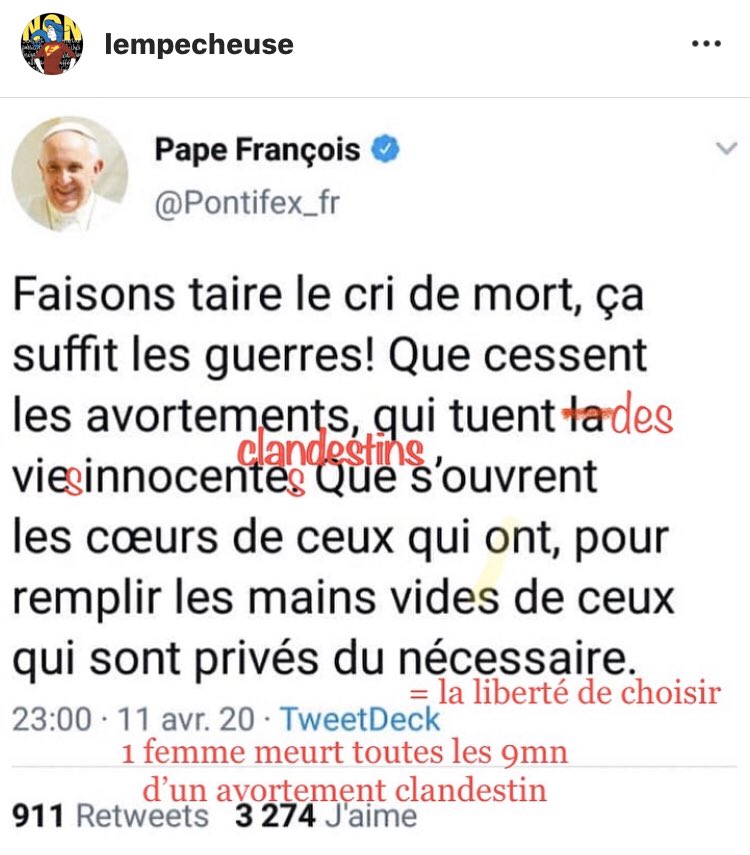Lempecheuse's tweet photo. *Correction d’EmpÊchEusE*
Cher @Pontifex_fr , j’ai noté quelques erreurs/horreurs dans ton dernier tweet. Mais, pas de panique, je les ai corrigées #yapasdequoi 😘 https://t.co/gKbAmJFTIE