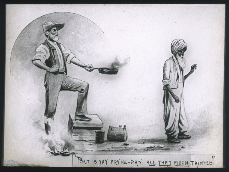 "A European man offering an Afghani a frying-pan, probably after it was used in a non-halal manner, c. 1896."Afghans in Australia have been subjected to racism & discriminated against since their arrival there. This drawing shows how white Australians made fun of their beliefs.