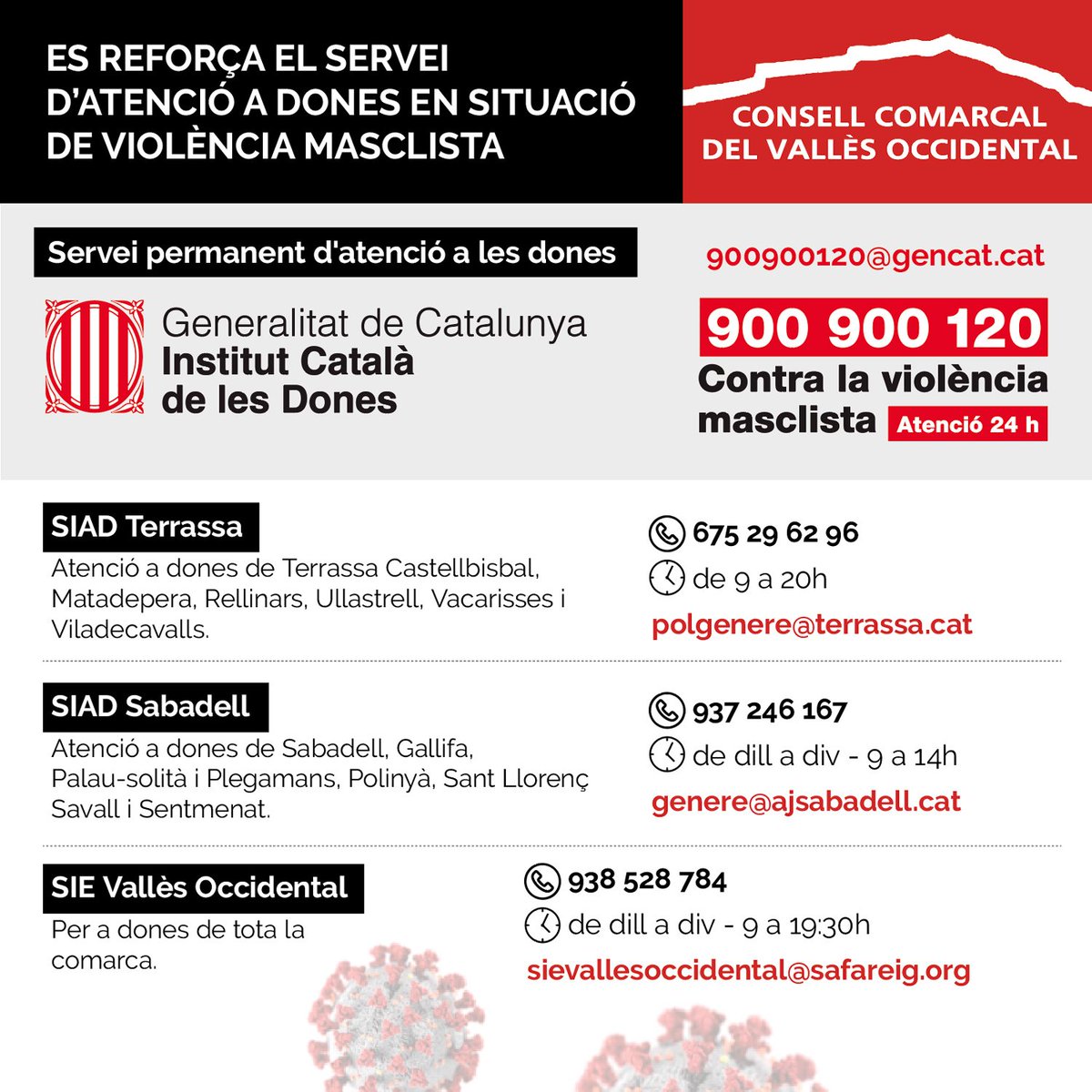 consellvallesoc's tweet photo. Des del Vallès Occidental seguim fent atenció a totes les dones al llarg del confinament. 
‼️Ajuda'ns a fer difusió dels telèfons de contacte dels Serveis d'Atenció a les dones de la comarca. Moltes gràcies! #noesteusoles #violenciesmasclistes #COVID19 #niunamenys #piulavallesocc https://t.co/aMXLvJyjRT