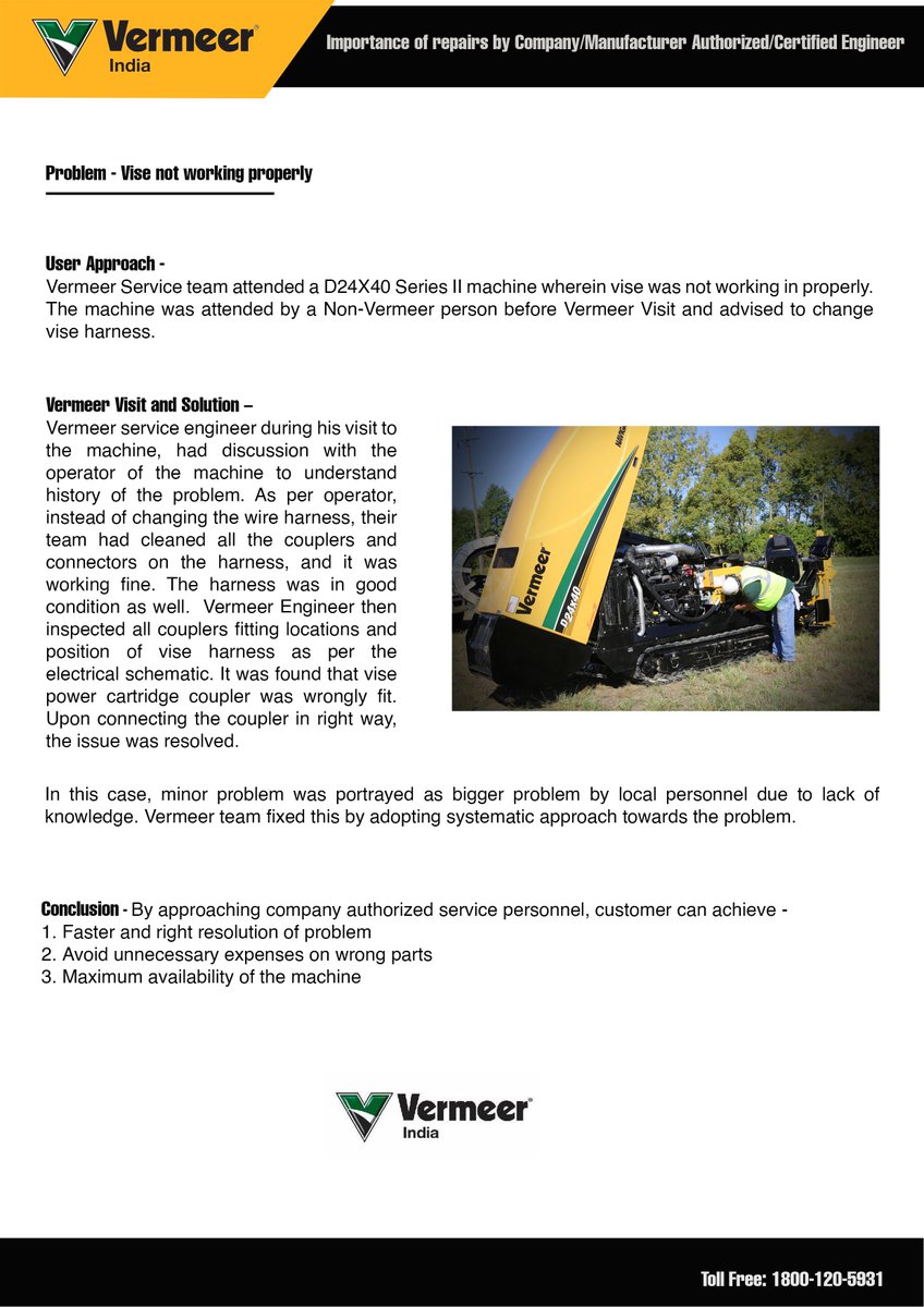 IndiaVermeer's tweet photo. #ServiceStory
Here is the story of How Vermeer Service Engineer resolved the issue on D24x40 SII, without replacing the harness.
Always prefer a company authorized service engineer to repair your Vermeer Equipment.
Read this story for more details
#vermeer #vermeerindia https://t.co/uS0UCgcvvi