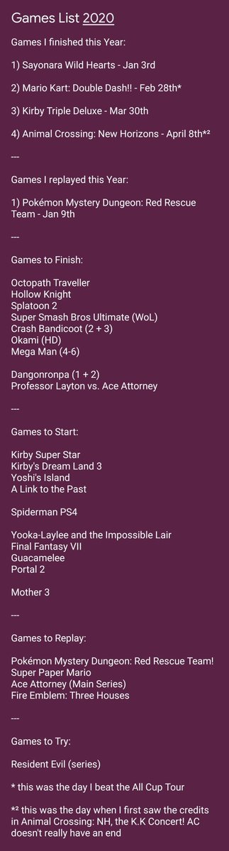 this is what my games list is looking for this year so far. there wasn't much of a point to this thread, but I think it's cool to examine I guess? RE is the only series I have on the "to try" pile, I've ditched a lot from previous years.